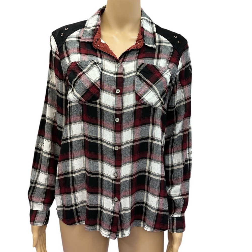 Westbound Plaid Sueded Yoke Long Button Tab Sleeve Shirt Womens Petite Large
